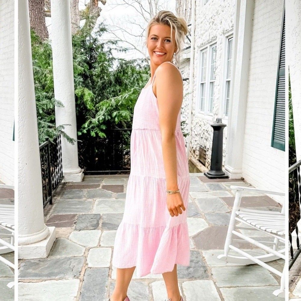 Z SUPPLY Gauzy Tiered Midi Dress in Bleached Pink Mauve Size Large Boho Summer - Picture 2 of 16